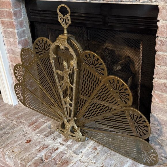 XL Vintage Art Deco Fireplace Screen Brass Ornate Peacock Folding Fan Rare 47" W - Picture 5 of 11